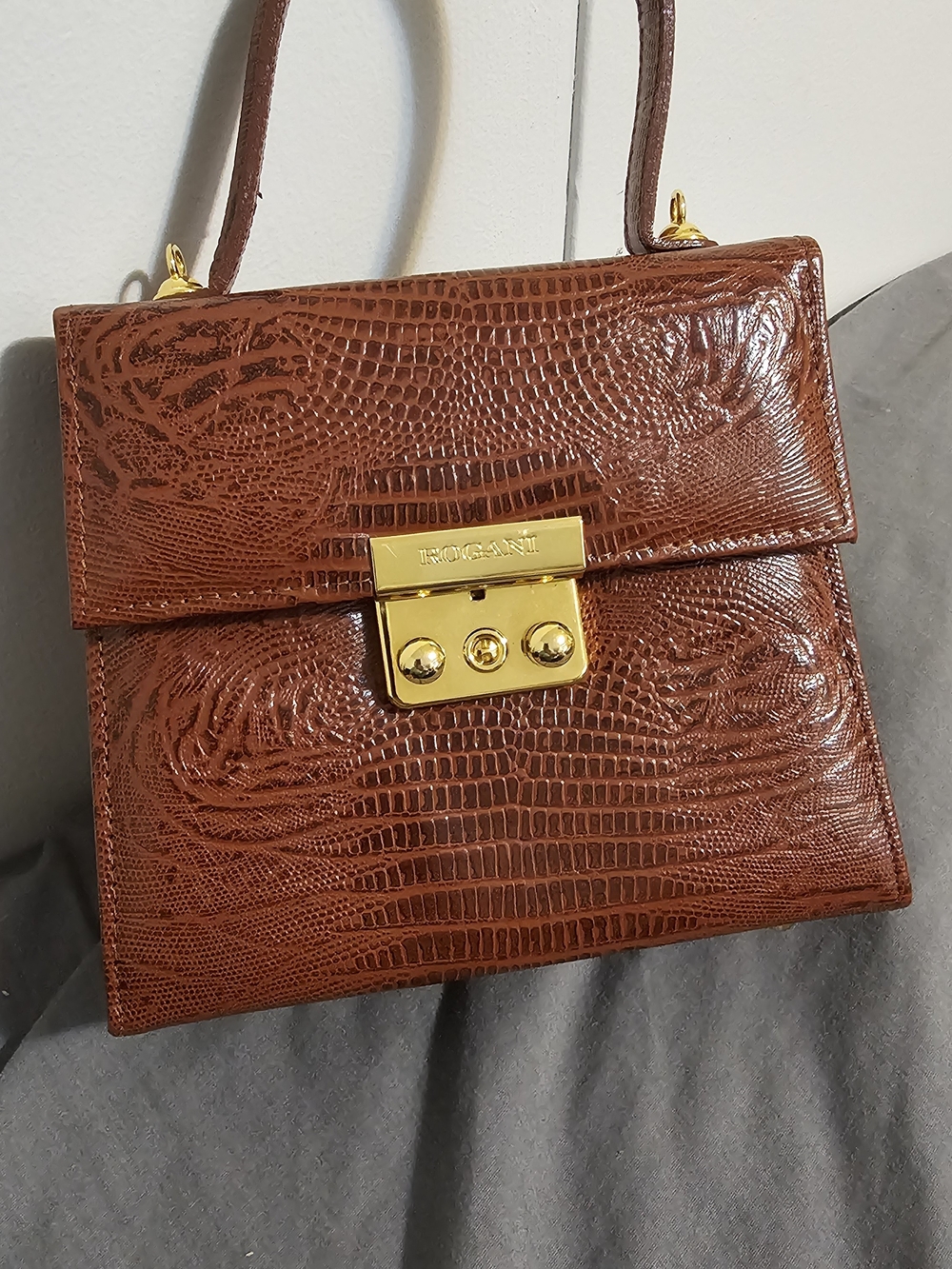 Francesco Rogani Brown Croc-Embossed Top-Handle Satchel with Gold Lock